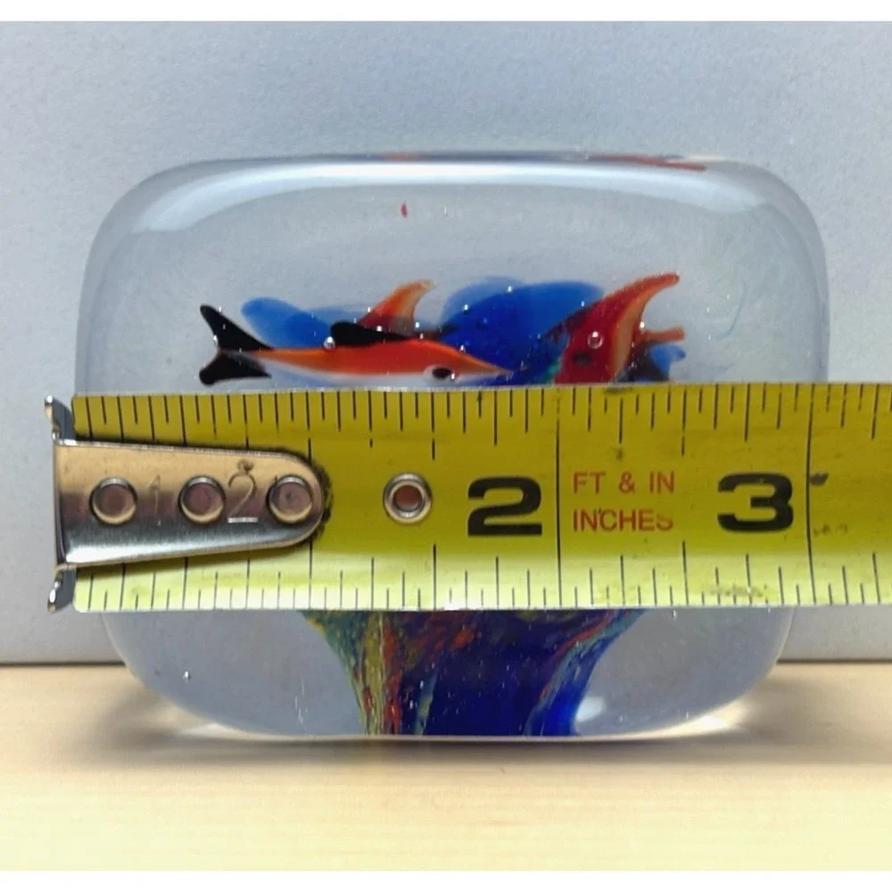 Art Glass Aquarium Fish Paperweight Rectangular Block Fish Blue Multicolor Dec